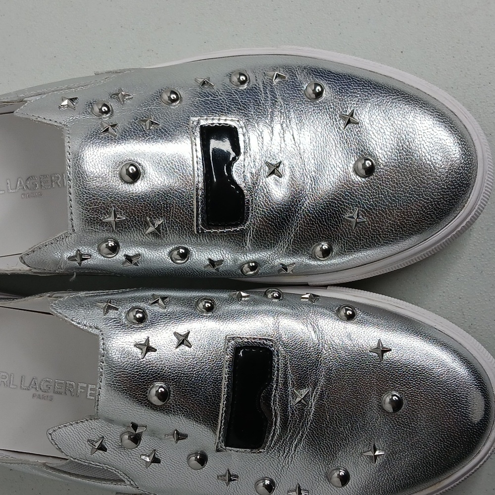 Karl Lagerfeld- Paris - Eisley - Silver Leather & Stud Slip-On Sneakers - 8.5M - Picture 7 of 12
